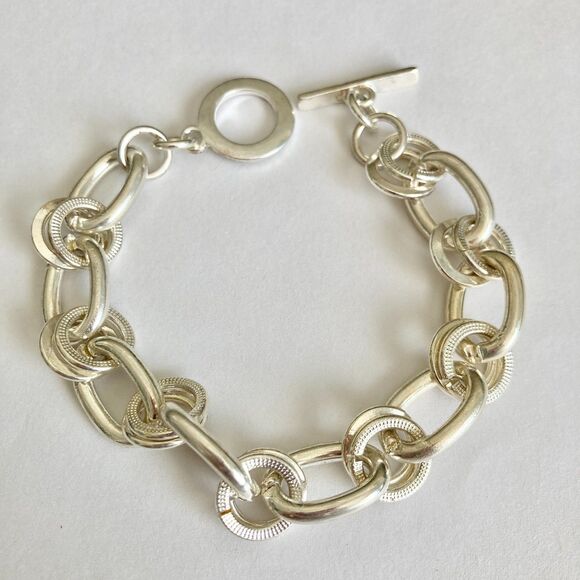 Rolo Curb Link Chain Bracelet with Toggle Clasp Silver Plated Vintage Stock 7.5" - Picture 6 of 8